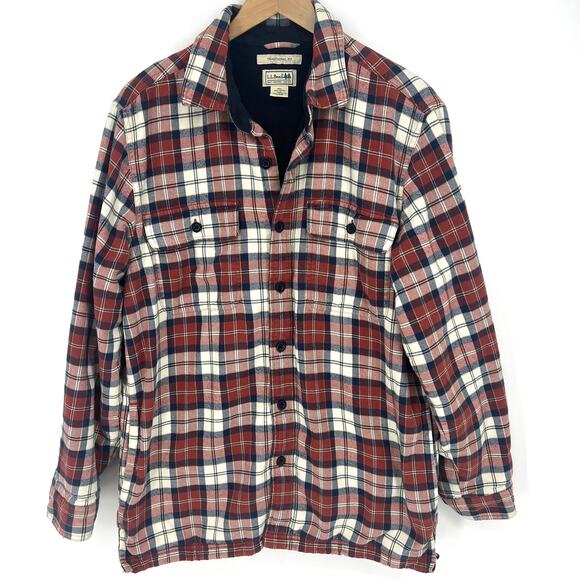 L. L. Bean Mens Fleece Lined Flannel Plaid Shacket Size Medium Red Black - Picture 1 of 7